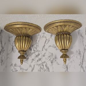 Elegant Decorative Gold Wall Shelf Hollywood Regency Egyptian Lotus Flower 2pcs